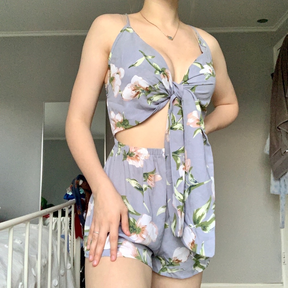 Blue Floral Tie-Front Romper